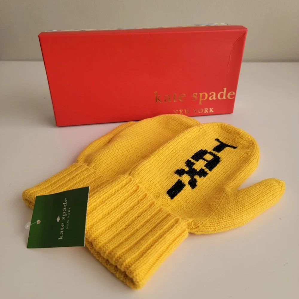 Kate Spade Metallic‎ Taxi Mittens Yellow Black Big Apple Wool Blend Original Box